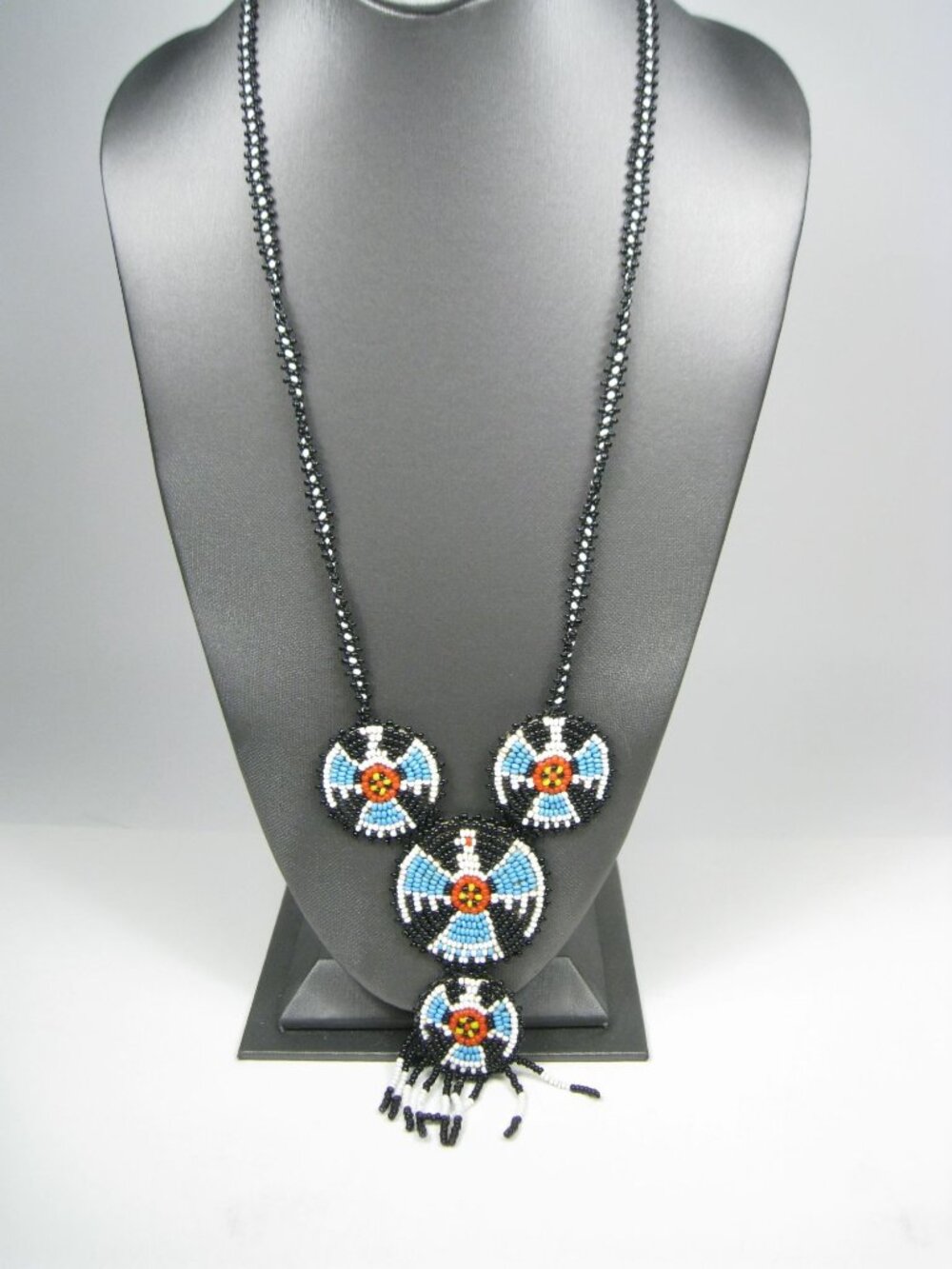 Native Inspired Thunderbird Beaded Necklace 27 inch Boho Fringe Circle Chunky